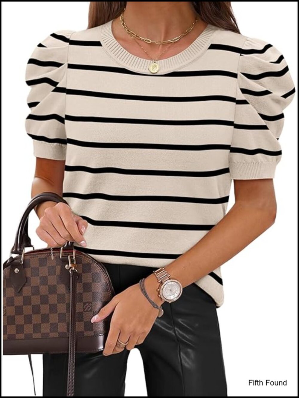 Short Puff Sleeve Sweater Knit Top Crew Neck Striped Business Casual Summer
